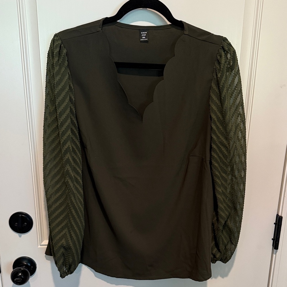 Dark Olive Blouse with Scalloped Neckline